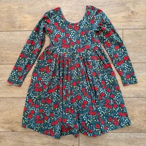 Hanna Andersson Celebration Skater Dress Sz 6-7 Long Sleeve Green Red Floral